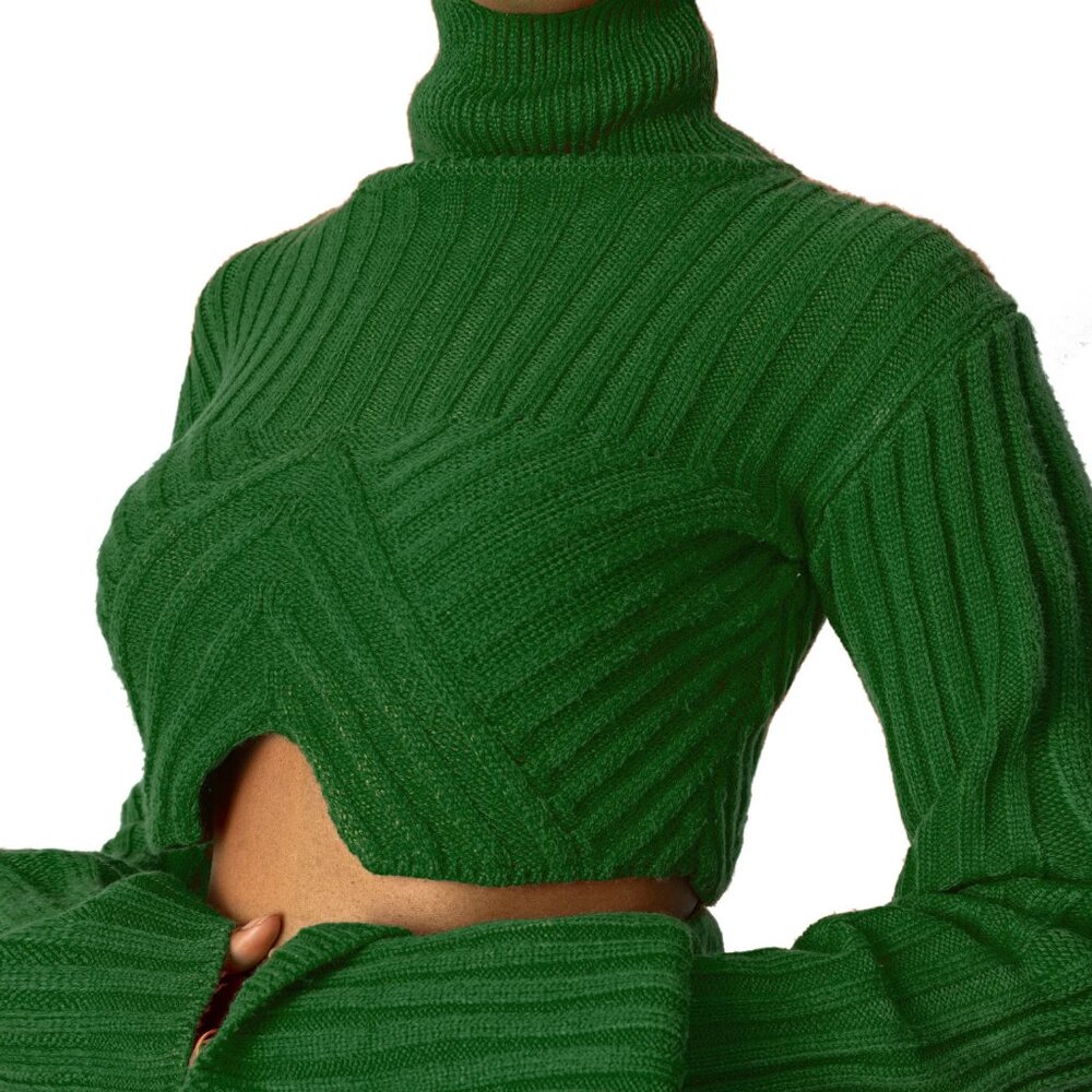 HANIFA Dark Green Sia Turtleneck Cutout Crop Sweater Size Medium